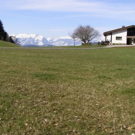 Ein weites grünes Feld erstreckt sich mit einem Haus in der Ferne und verschneiten Bergen im Hintergrund unter einem blauen Himmel.