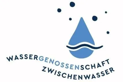 Das Logo für Wassergenossenschaft Zwischenwasser, das einen blauen Wassertropfen mit Wellen auf weißem Hintergrund zeigt.
