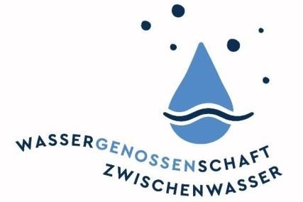 Das Logo für Wassergenossenschaft Zwischenwasser, das einen blauen Wassertropfen mit Wellen auf weißem Hintergrund zeigt.