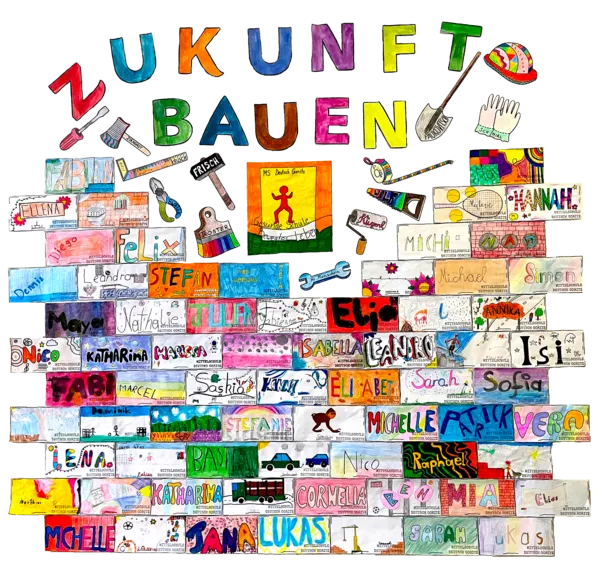 Eine bunte Collage mit den Worten 'Zukunft Bauen' oben. Viele farbenfrohe Zeichnungen, Namen und Objekte sind in einer Pyramidenform angeordnet.