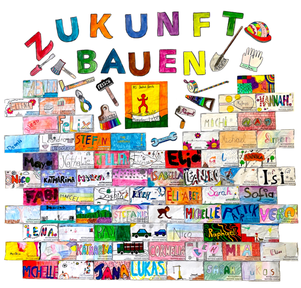 Eine bunte Collage mit den Worten 'Zukunft Bauen' oben. Viele farbenfrohe Zeichnungen, Namen und Objekte sind in einer Pyramidenform angeordnet.