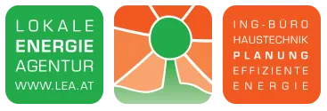 Drei Logos für Lokale Energie Agentur, Ing-Bureau Haustechnik Planung und Effiziente Energie, mit grünem, orangefarbenem und rotem Farbschema jeweils.