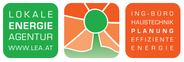 Drei Logos für Lokale Energie Agentur, Ing-Bureau Haustechnik Planung und Effiziente Energie, mit grünem, orangefarbenem und rotem Farbschema jeweils.