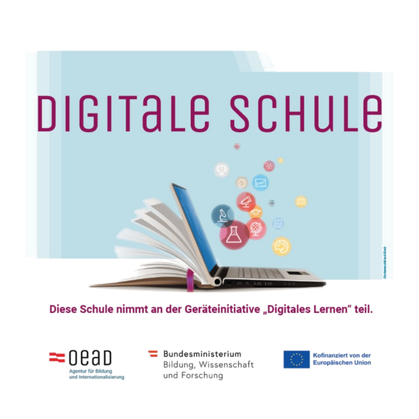 Eine Werbung für eine Schule namens Digitale Schule mit einem offenen Buch und einem Laptop darauf. Es steht: 'Diese Schule nimmt an der Kampagne Digitales Lernen teil.' Unten sind Logos verschiedener Organisationen.