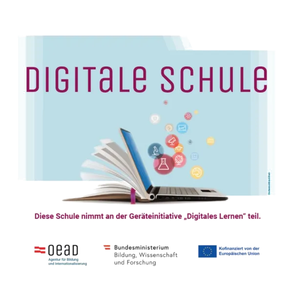 Eine Werbung für eine Schule namens Digitale Schule mit einem offenen Buch und einem Laptop darauf. Es steht: 'Diese Schule nimmt an der Kampagne Digitales Lernen teil.' Unten sind Logos verschiedener Organisationen.