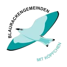 Ein weißer Vogel mit türkisfarbenen Flügeln und einem schwarzen Hintergrund mit Text, der Blaurackengemeinden und MT Kopigen lautet.