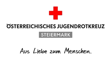 Ein rotes Kreuz über dem Text 'Osterreichisches Jugendrotkreuz Steiermark' mit dem Slogan 'Aus Liebe zum Handeln' auf schwarzem Hintergrund.