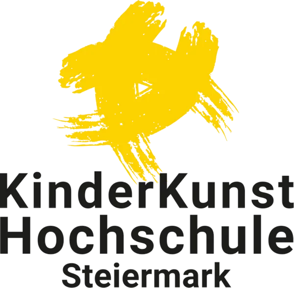 Schwarzer Hintergrund mit gelbem abstraktem Vogel und Text, der KinderKunst Hochschule Steiermark liest.