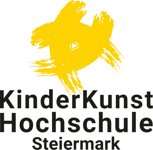 Schwarzer Hintergrund mit gelbem abstraktem Vogel und Text, der KinderKunst Hochschule Steiermark liest.