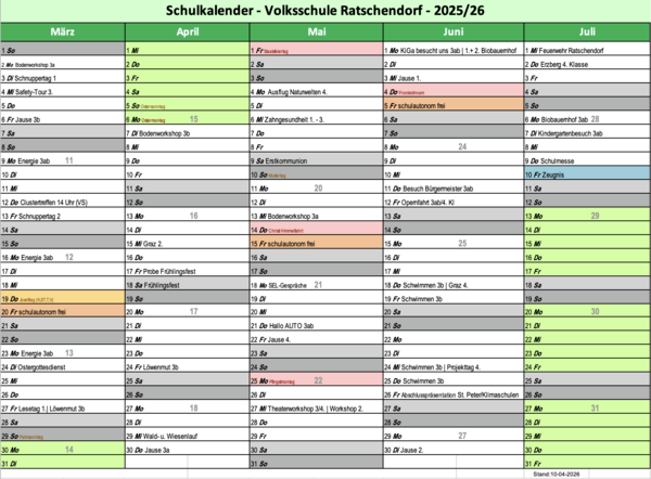 Das Dokument ist ein Schulkalender für die Volksschule Ratschings für das Schuljahr 2025/26, der monatliche Zeitpläne von März bis Juli zeigt. Jede Zeile repräsentiert einen Tag, wobei die Spalten Daten, Schulveranstaltungen und Aktivitäten angeben. Zu den Aktivitäten gehören Schulführungen, Workshops und Exkursionen.