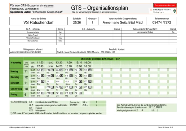 Das Bild zeigt einen Wochenplan für eine GTS-Gruppe, einschließlich Daten, Zeiten und Aktivitäten. Es gibt die Tage und Zeiten für verschiedene Aktivitäten wie Einzelunterricht und Gruppenaktivitäten an.