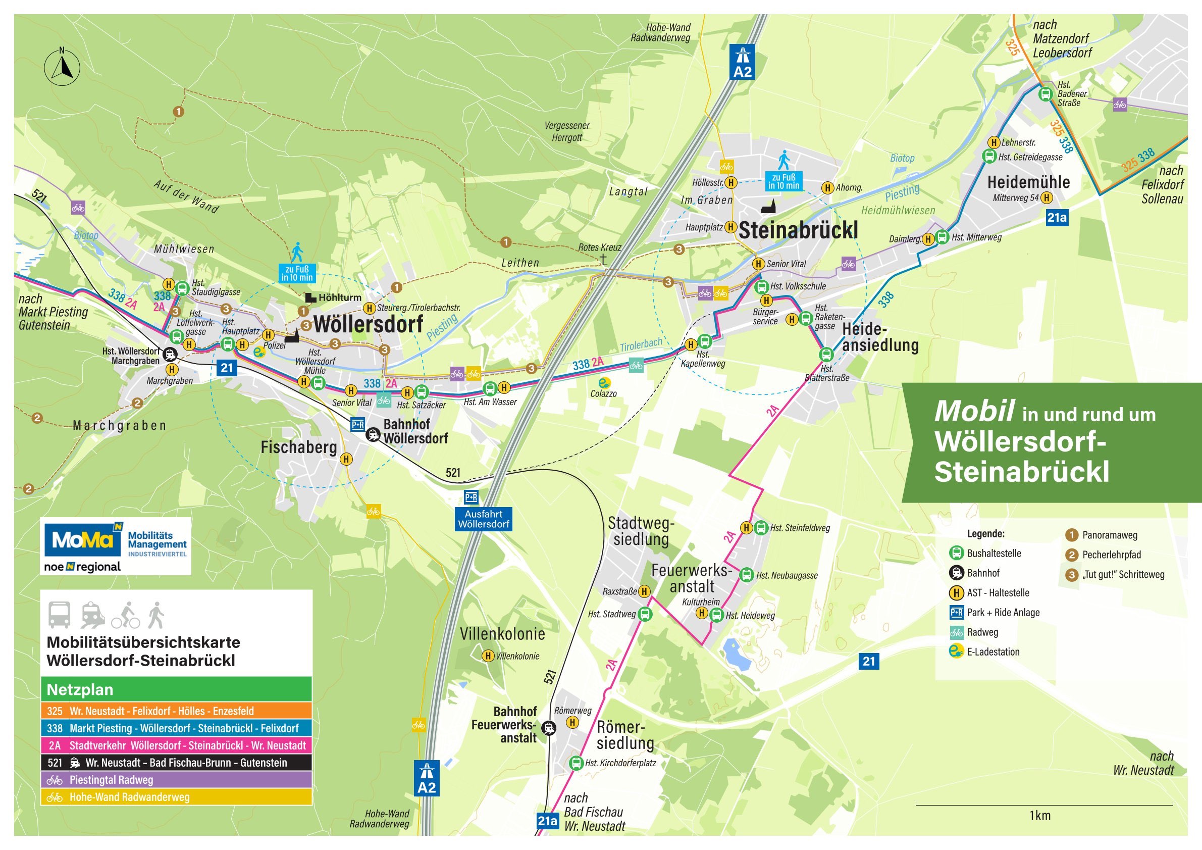 Eine Karte der Region Wöllersdorf-Steinabrückl, die verschiedene Verkehrsrouten, Sehenswürdigkeiten und Einrichtungen zeigt.