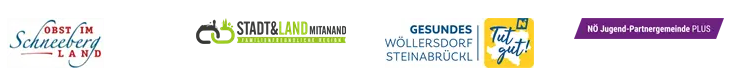 Eine Sammlung von Logos, darunter Schneeberg Land, Stadt&Land Mitanand, Gesundes Wöllersdorf Steinabürck, Tut gut! und Nö Jugend-Partnergemeinde PLUS.