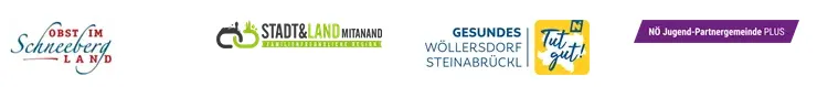 Eine Sammlung von Logos, darunter Schneeberg Land, Stadt&Land Mitanand, Gesundes Wöllersdorf Steinabürck, Tut gut! und Nö Jugend-Partnergemeinde PLUS.