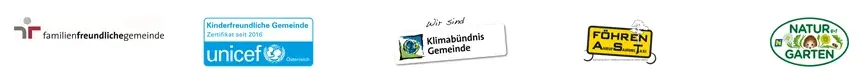 Eine Sammlung von Logos einschließlich UNICEF, einer Klimabündnis-Gemeinde, einer Fahrschule und einer grünen Organisation.