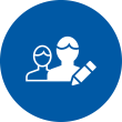 Ein Icon von zwei Personen, eine hält einen Stift, in einem blauen Kreis.