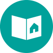 Ein rundes Symbol mit grünem Hintergrund. Innerhalb des Kreises befindet sich ein offenes Buch mit einem Haussymbol auf dem Cover. Das Buch ist weiß mit Schatteneffekt, und das Haussymbol ist ebenfalls weiß.