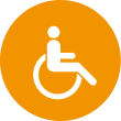 Ein orangefarbener Kreis enthält ein weißes Symbol einer Person im Rollstuhl.