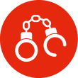 Ein Symbol von Handschellen in einem roten Kreis. Die Handschellen sind weiß und der Kreis ist rot.
