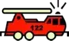 Ein roter Feuerwehrwagen mit der Nummer 122 auf der Seite. Er hat ein Licht obenauf und steht auf einem schwarzen und weißen Schachbretthintergrund.
