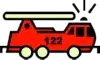 Ein roter Feuerwehrwagen mit der Nummer 122 auf der Seite. Er hat ein Licht obenauf und steht auf einem schwarzen und weißen Schachbretthintergrund.