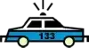 Ein pixeliger blauer Polizeiwagen mit der Nummer 133 auf der Vorderseite, dargestellt vor einem schwarzen karierten Hintergrund.