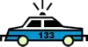 Ein pixeliger blauer Polizeiwagen mit der Nummer 133 auf der Vorderseite, dargestellt vor einem schwarzen karierten Hintergrund.