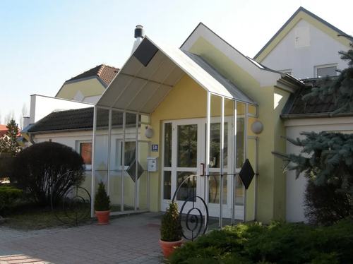 Der Eingang zu einem gelben Haus besteht aus einem Glasvordach, einem Metalltor und Glastüren. Zwei Topfpflanzen flankieren den Eingang, und ein Briefkasten ist an der Wand montiert.