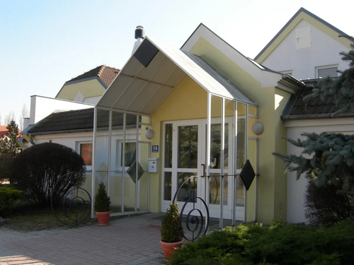 Der Eingang zu einem gelben Haus besteht aus einem Glasvordach, einem Metalltor und Glastüren. Zwei Topfpflanzen flankieren den Eingang, und ein Briefkasten ist an der Wand montiert.