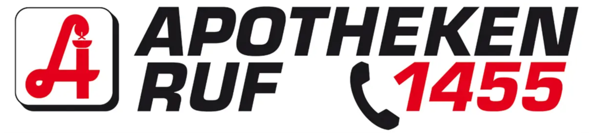 Das Ruf Apotheek Logo zeigt schwarzen Text mit einer roten 14 und einem schwarzen Telefonsymbol. Der Text lautet Ruf Apotheek und die Zahl 14 ist rot.