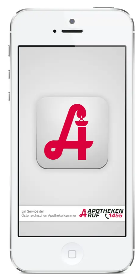 Ein iPhone zeigt einen weißen Bildschirm mit einem roten 'A' Logo. Unten auf dem Logo steht in Rot und Schwarz: 'Ein Service der Österreichischen Apothekerkammer A RUF 1455.'