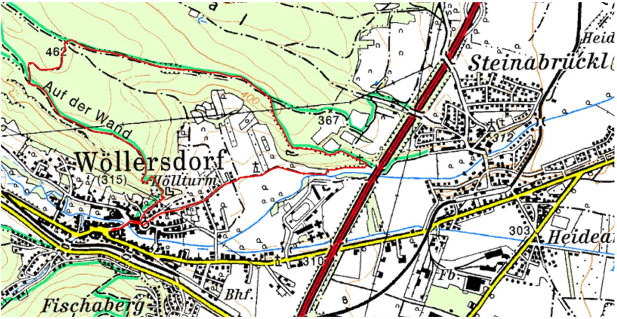 Eine topografische Karte mit Höhenlinien, Straßen und Gebäuden. Bemerkenswerte Merkmale sind die Zahl 367, eine Eisenbahn und das Wort 'Bhf', das einen Bahnhof anzeigt.