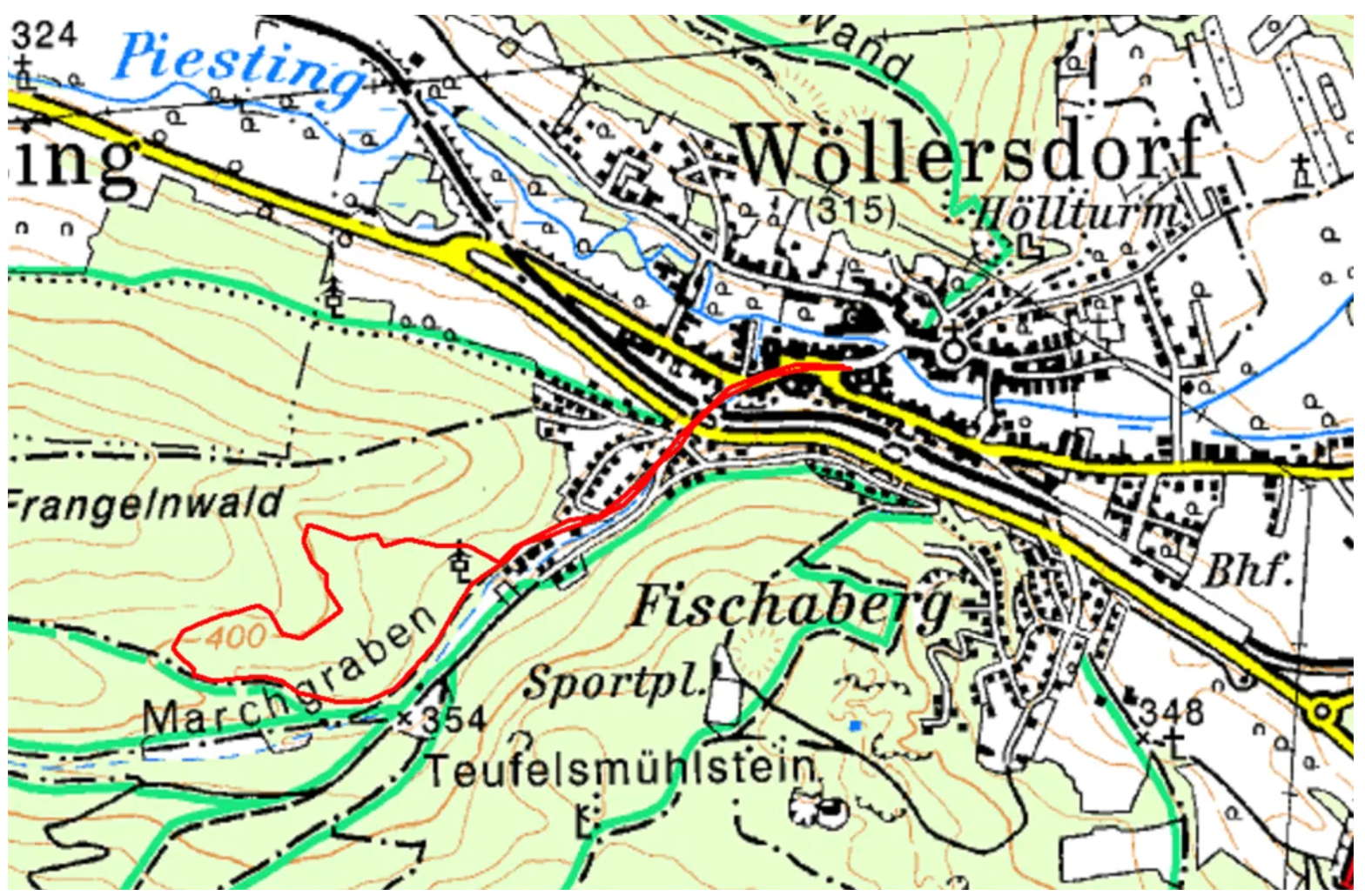 Eine Karte, die ein geografisches Gebiet mit topografischen Merkmalen, Ortsnamen und Höhenlinien zeigt. Bemerkenswerte Orte sind Wöllersdorf, Höllttür, Fischaberg und Teufelsmühleistein.