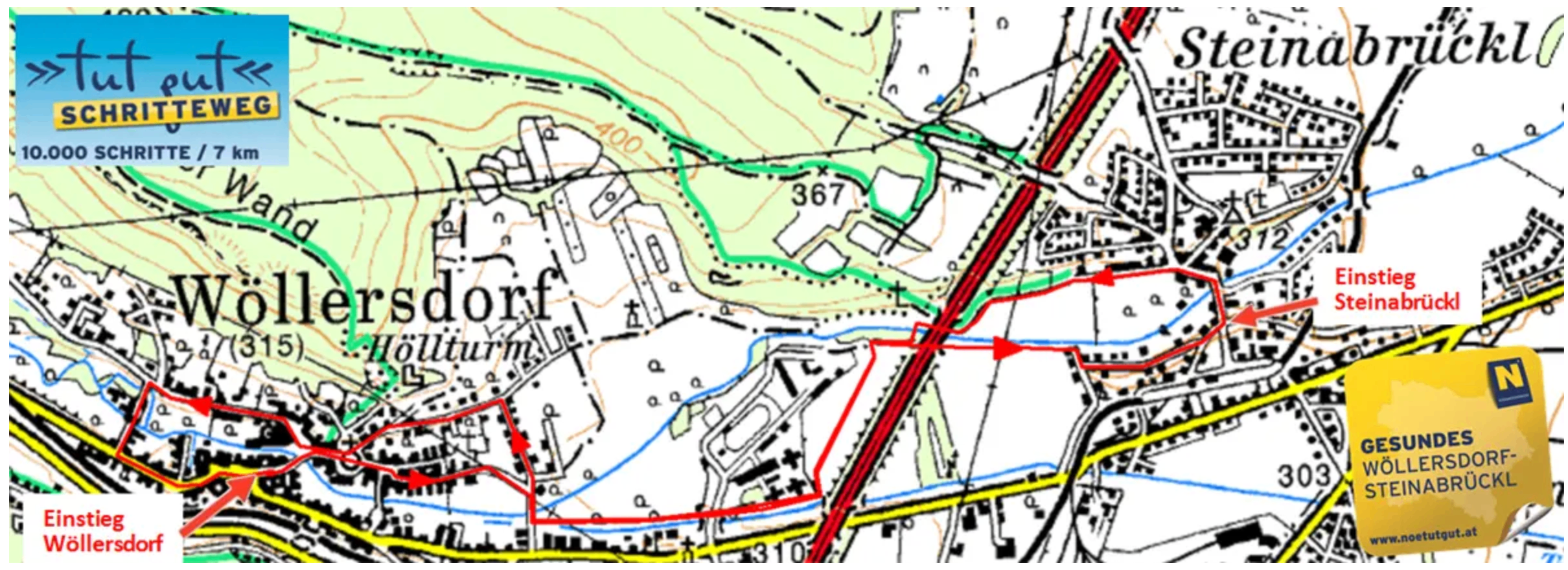 Eine Karte, die einen Teil eines Geländes zeigt, mit Höhenangaben von 400 und 367. Sie zeigt verschiedene farbige Linien, die Straßen und Wege darstellen. Bemerkenswerte Orientierungspunkte sind ein kleines Gebäude, das mit einem roten Pfeil markiert ist.
