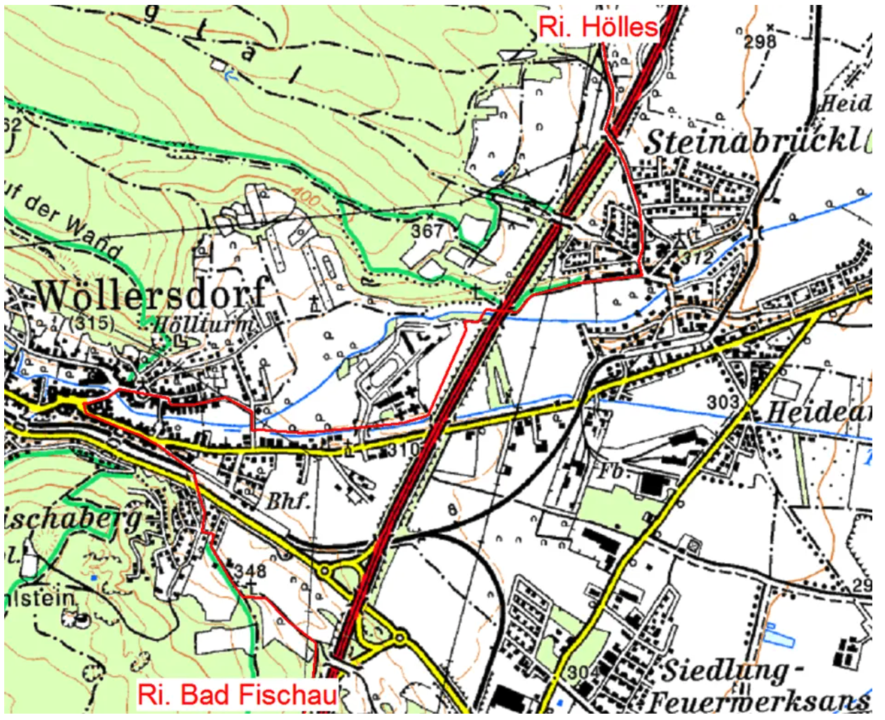 Eine topografische Karte, die das Gebiet um Bad Fischau zeigt, einschließlich verschiedener Straßennetze, Eisenbahnen und geografischer Merkmale wie Hügel und einen Fluss. Höhen und andere numerische Werte sind auf der Karte vermerkt.