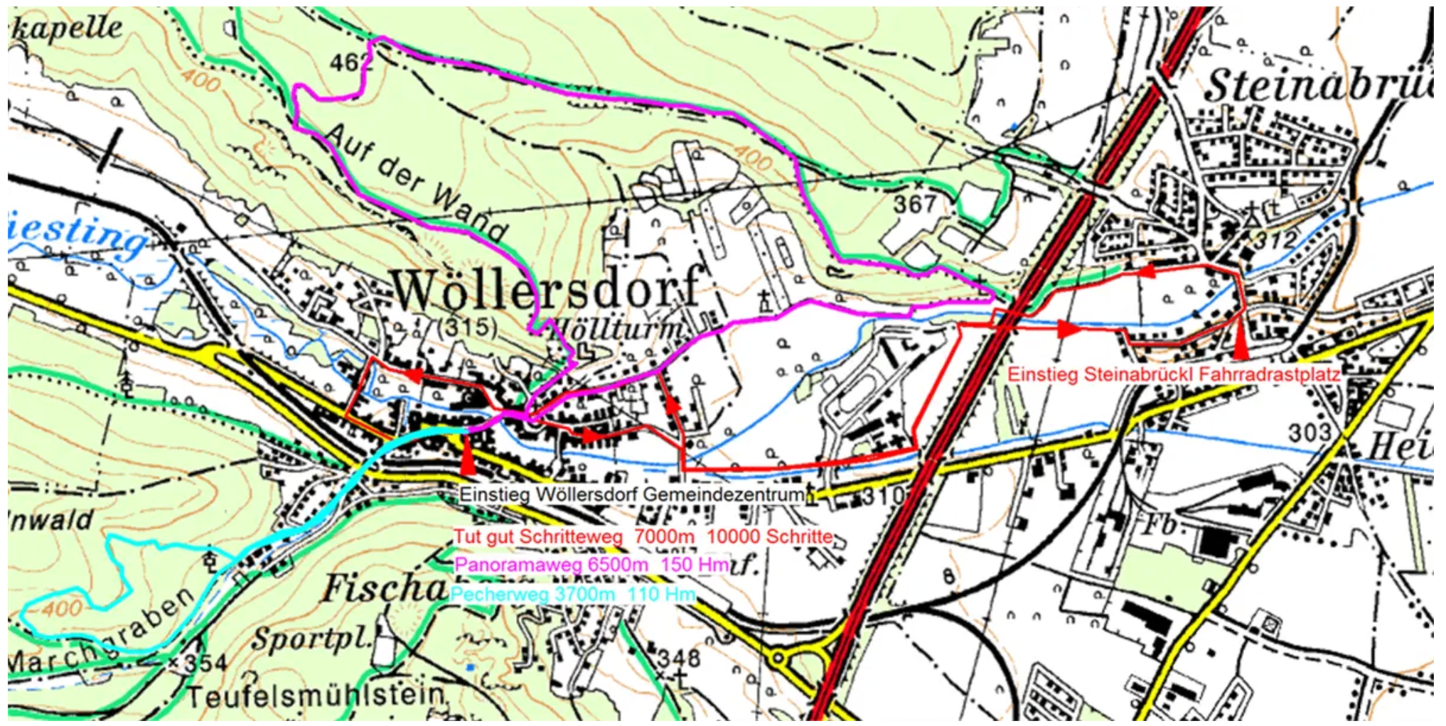 Eine topografische Karte zeigt Wöllersdorf mit Straßen, die als 'Tut gut Schrittweg,' 'Panoramaweg' und 'Pecherweg' gekennzeichnet sind. Höhenangaben sind bei 315, 400 und 367 Metern verzeichnet. Die Karte zeigt auch Entfernungen in Metern.