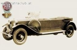 Ein altmodisches Auto mit einem goldenen Emblem an der Seite wird auf einem weißen Hintergrund gezeigt. Das Auto hat zwei Sitze, ein Dach und große Räder. Das Bild hat einen Wasserzeichen mit dem Text 'www.tatraclub.at' in der oberen linken Ecke.