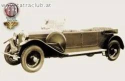 Ein altmodisches Auto mit einem goldenen Emblem an der Seite wird auf einem weißen Hintergrund gezeigt. Das Auto hat zwei Sitze, ein Dach und große Räder. Das Bild hat einen Wasserzeichen mit dem Text 'www.tatraclub.at' in der oberen linken Ecke.