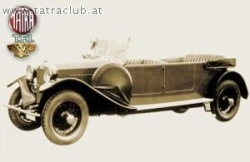 Ein altmodisches Auto mit einem goldenen Emblem an der Seite wird auf einem weißen Hintergrund gezeigt. Das Auto hat zwei Sitze, ein Dach und große Räder. Das Bild hat einen Wasserzeichen mit dem Text 'www.tatraclub.at' in der oberen linken Ecke.