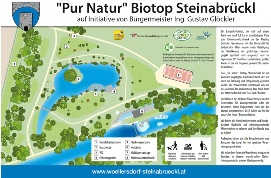 Karte des 'Pur Natur' Biotop Steinabrück, mit wichtigen Bereichen wie Wasserbecken, Hundezone und Aussichtsplattform. Die Karte zeigt die Initiative von Bürgermeister Gustav Glockler.