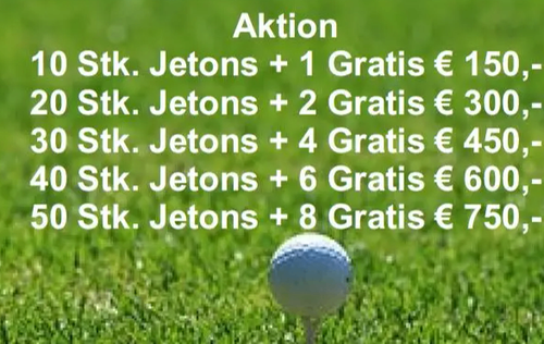Ein Bild zeigt einen Golfball auf einem grünen Rasen mit Text über eine Aktionswerbung. Es bietet verschiedene Pakete: 10 Stück plus 1 gratis für 150 Euro, 20 Stück plus 2 gratis für 300 Euro, 30 Stück plus 4 gratis für 450 Euro, 40 Stück plus 6 gratis für 600 Euro und 50 Stück plus 8 gratis für 750 Euro.