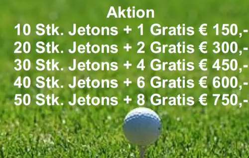 Ein Bild zeigt einen Golfball auf einem grünen Rasen mit Text über eine Aktionswerbung. Es bietet verschiedene Pakete: 10 Stück plus 1 gratis für 150 Euro, 20 Stück plus 2 gratis für 300 Euro, 30 Stück plus 4 gratis für 450 Euro, 40 Stück plus 6 gratis für 600 Euro und 50 Stück plus 8 gratis für 750 Euro.