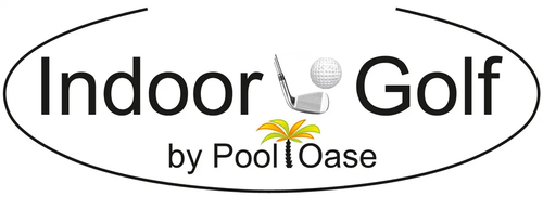 Das Logo für Indoor Golf von Pool Oase zeigt einen Golfball, einen Schläger und eine Palme auf weißem Hintergrund.