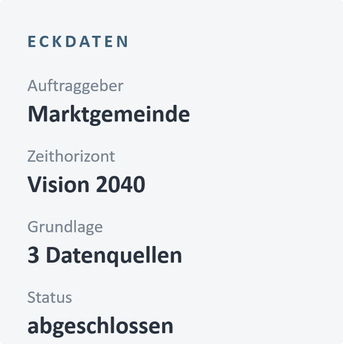 Eine weiße Seite mit schwarzem Text auf Deutsch. Sie enthält Abschnitte wie 'Auftraggeber', 'Marktgemeinde', 'Zeithorizont', 'Vision 2040', 'Grundlage', '3 Datenquellen' und 'Status abgeschlossen'.