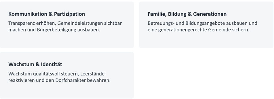 Eine weiße Seite, die in drei Abschnitte unterteilt ist, mit Text. Der erste Abschnitt hat den Titel 'Familie, Bildung & Generationen'. Der zweite Abschnitt hat den Titel 'Partizipation & Identität'. Der dritte Abschnitt hat den Titel 'Partizipation & Identität'. Jeder Abschnitt hat einen kurzen Textabsatz.