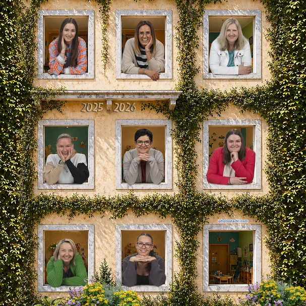 Eine Collage von Fotos mit neun Personen in kleinen Rahmen, in drei Reihen angeordnet. Jede Person lächelt und posiert. Die oberste Reihe zeigt drei Frauen, die mittlere Reihe drei Männer und die unterste Reihe drei Frauen. Die Daten 2025 und 2026 sind über der mittleren Reihe angezeigt.