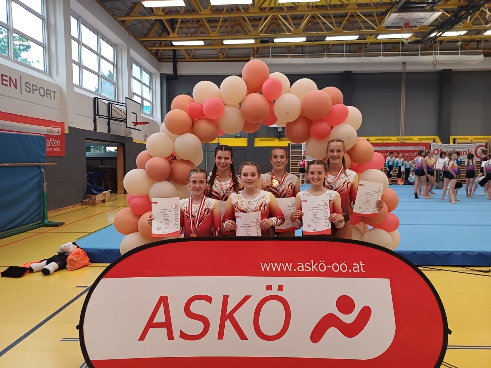 Eine Gruppe von Athletinnen posiert mit Medaillen und Zertifikaten vor einem Ballonbogen. Sie befinden sich in einer Sporthalle mit einem blauen Boden und einem Basketballkorb.