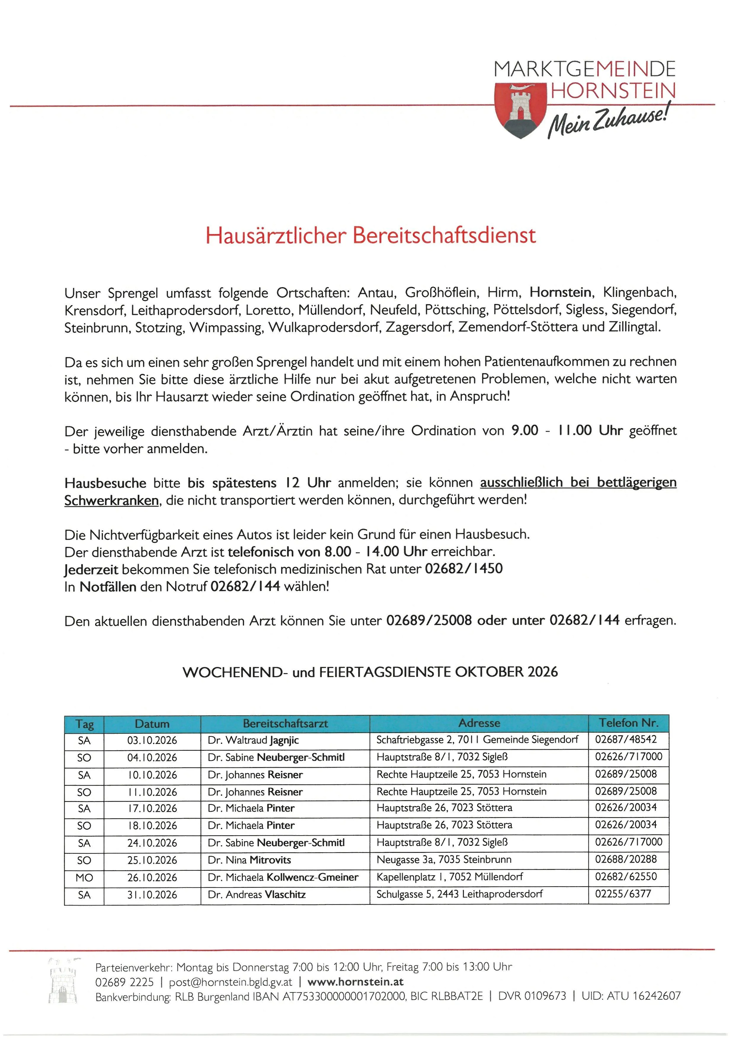 Ein Dokument mit dem Titel 'Hausärztlicher Bereitschaftsdienst' bietet Informationen über den hausärztlichen Notfalldienst, einschließlich der abgedeckten Gebiete, Öffnungszeiten und Kontaktdaten.