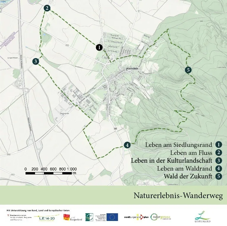 Eine Karte, die den Naturerlebnis-Wanderweg mit verschiedenen markierten Orten zeigt. Der Weg umfasst Abschnitte wie 'Leben am Siedlungsrand', 'Leben am Fluss', 'Leben in der Kulturlandschaft', 'Leben am Waldrand' und 'Wald der Zukunft'. Er hat eine Maßstabsleiste am unteren Rand.
