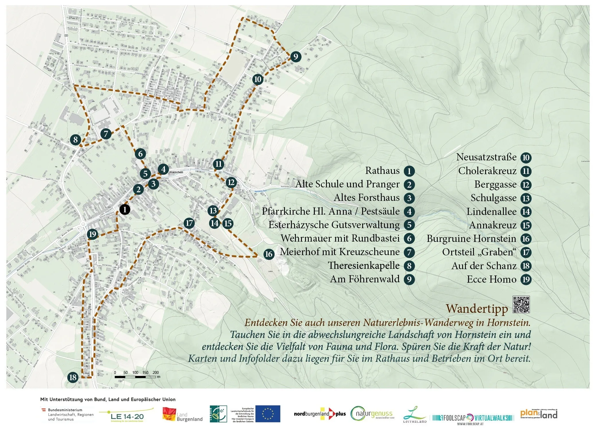 Eine Karte mit einem Wanderweg rund um Hornstein. Sie enthält verschiedene Sehenswürdigkeiten wie Rathaus, Alte Schule und mehr. Informationen, wo Karten und Ordner zu finden sind, werden bereitgestellt.